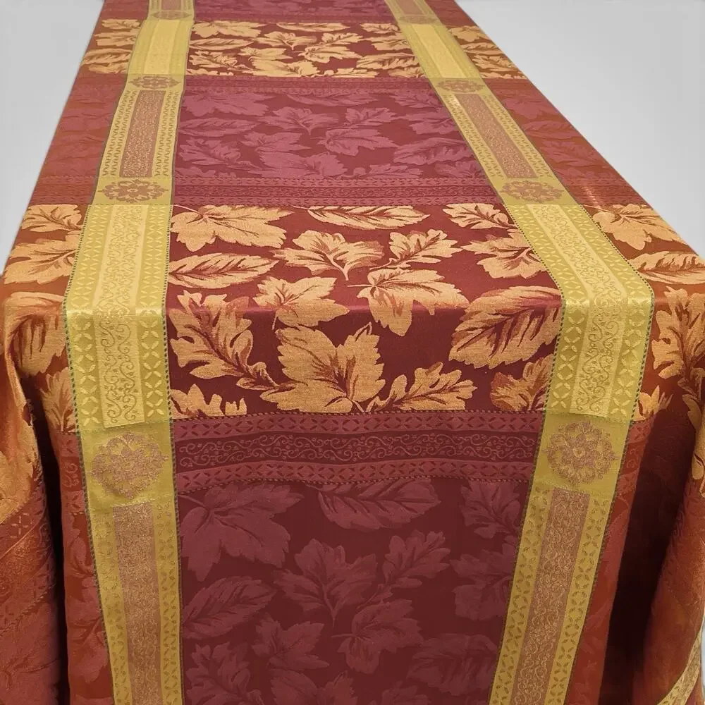 Autumn Leaves Tablecloth Woven Jacquard 98x58 Oblong Gold Red Fall Harvest